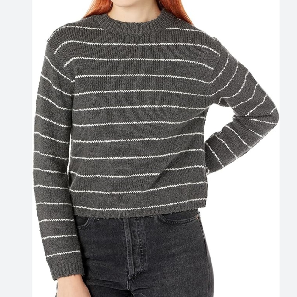 Vince Gray and White Striped Cotton Crew Neck Sweater